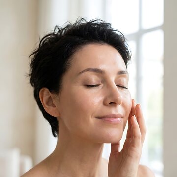 Closeup portrait of a serene woman with short dark hair touching her face