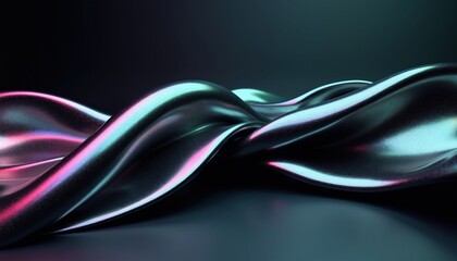 Fototapeta premium Abstract 3D rendering of twisted metallic plates with smooth curves. Shiny chrome surface reflects colorful light in dark space. Futuristic wave design flows elegantly. Artistic structure creates