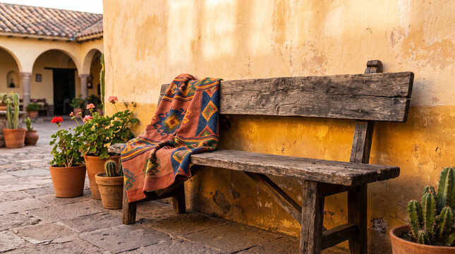 Authentic lifestyle mockup background. Empty rustic wooden bench against a sunlit adobe wall with a woven blanket and cacti. South American hacienda aesthetic with negative space.