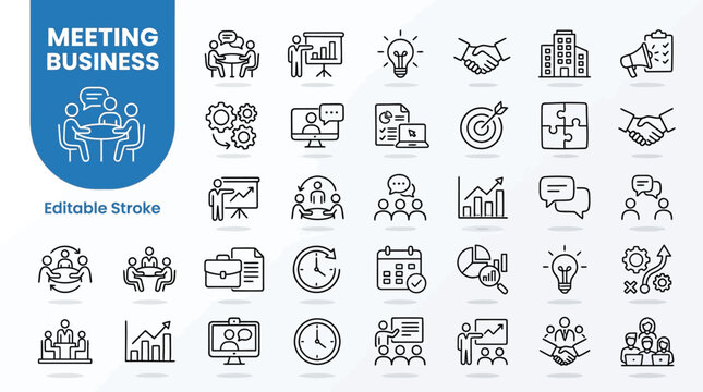 Vector line icon set of meeting and business concepts, editable stroke design, teamwork, communication, and corporate productivity art