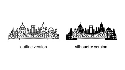 Kolkata Skyline Outline and Silhouette: A striking graphic showcasing the iconic Kolkata skyline, presented in both a detailed outline version and a bold silhouette version. © BD