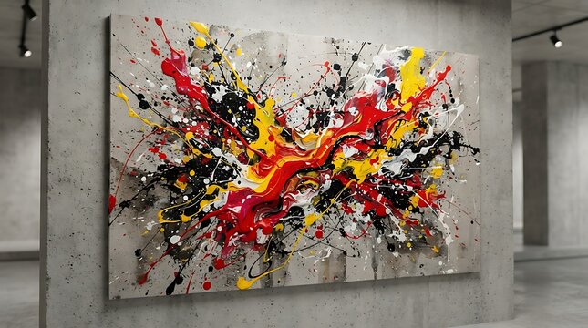 Abstract expressionist painting with vibrant red, yellow, and black splatter art