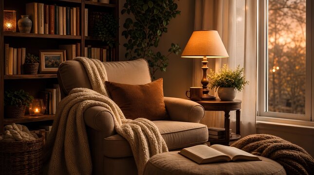 A cozy reading corner with a cushioned armchair, knitted throws, bookshelves, lamp, plants, and sunset window light suits home decor and relaxation promotions.