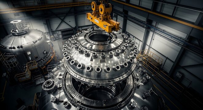 Large metal industrial reactor being lifted by a heavy crane
