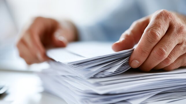 A close-up of hands sorting through a large stack of papers and documents. The image conveys a sense of organization, workload, or administration