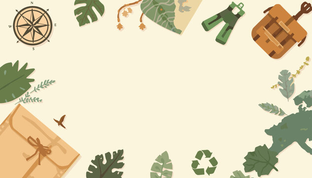 A whimsical illustration featuring travel and nature elements arranged in a decorative border on a cream background.