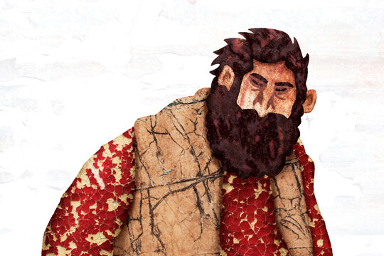 A digital collage illustrates a rugged brawny man with a beard