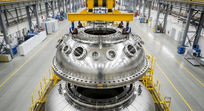 Large industrial metal reactor vessel being lifted by yellow crane