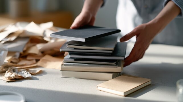 Hands arranging a stack of notebooks and papers on a table, suggesting organization or creative work