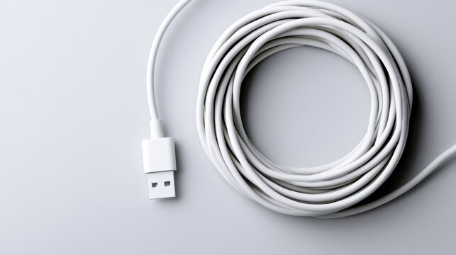 A coiled white USB cable on a gray surface