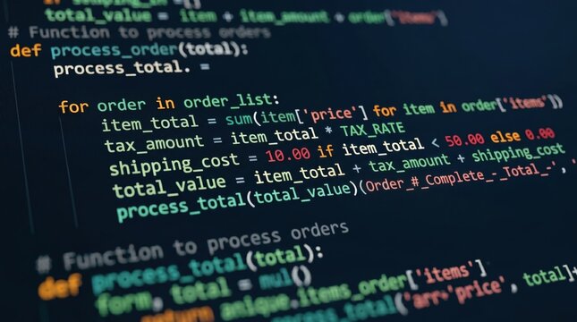 Close up view of python programming code on computer screen showing order processing function, software development, coding, and digital technology background for web applicatio...