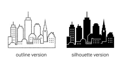 Obraz premium Urban Skyline Icons: Two distinct styles of urban cityscape, an outline and a silhouette, representing modern city architecture and design elements.