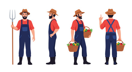 Obraz premium Farmer character set showing male person in overalls and straw hat from front side and back view with harvest.