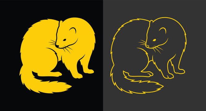 Stylized gold mink or weasel silhouette and line art illustration with wildlife