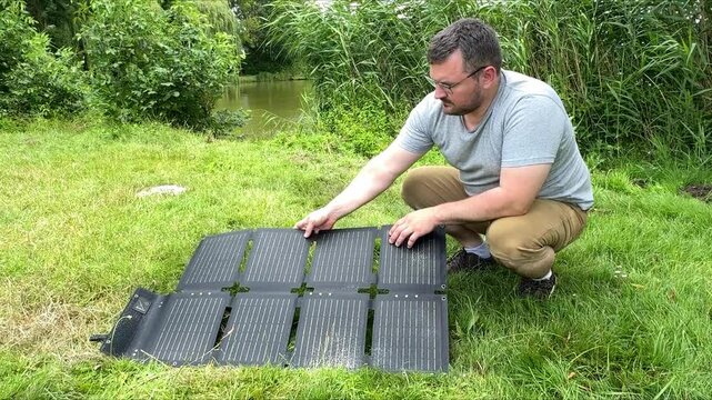 Man connecting a portable power station to foldable solar panels outdoors. Concept of renewable energy, off-grid electricity, sustainable technology, camping and clean portable power.