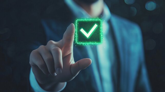 A hand presses a glowing green checkmark button, symbolizing approval, confirmation, and successful digital validation in a modern setting