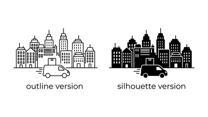 Fototapeta premium Delivery Service in Cityscape: A delivery van transports a package through a cityscape, presented in both outline and silhouette versions for versatile design applications.