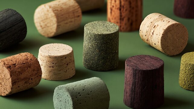 Assorted colorful wine corks arranged on a green background, showcasing a vibrant and textured still life composition.