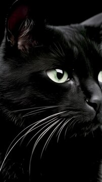 Close-up portrait of a black cat's face on a black background, vertical video featuring striking eyes, dramatic lighting and elegant feline beauty