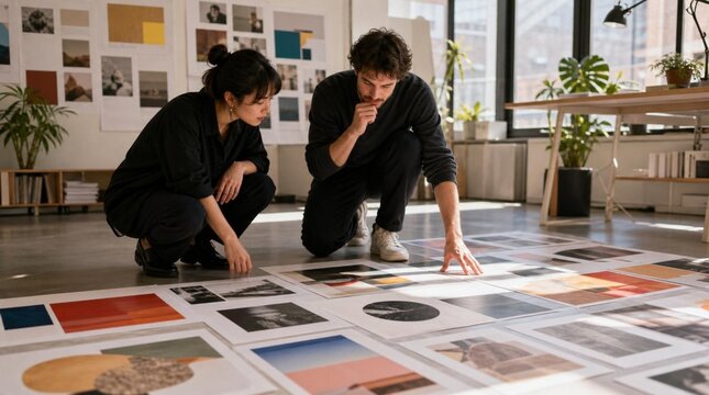 Two creative professionals kneel on a studio floor reviewing printed layouts and color studies, ideal for branding, design process, and teamwork concepts.
