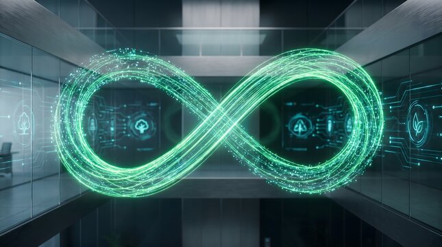 Futuristic infinity symbol in digital office, glowing green data loop, cyber security and cloud computing concept