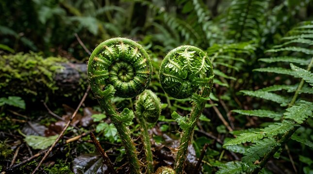Unfurling green fern fiddleheads rise from a damp mossy forest floor, ideal for nature, ecology, growth, and botanical wellness campaigns.