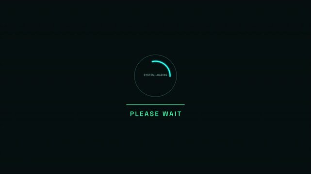 Sci-Fi HUD Please Wait Interface with Glowing Spinner and Scan Line on Dark Tech Background. animation 4k alpha 