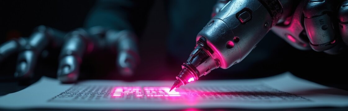 Robot arm inscribes sacred text with laser. Future tech meets ancient tradition. Artificial intelligence writes holy book. Digital scribe works on manuscript.