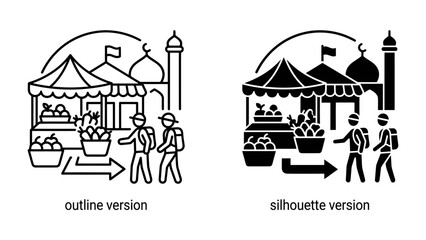 Obraz premium Market Scene: Two distinct depictions, one outline and one silhouette, showcase a bustling marketplace scene with vendor stalls, fruit displays, and a mosque in the background.