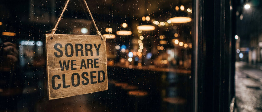 Sorry we are closed sign hanging on a rainy window of a cafe or restaurant at night with blurred city lights in the background
