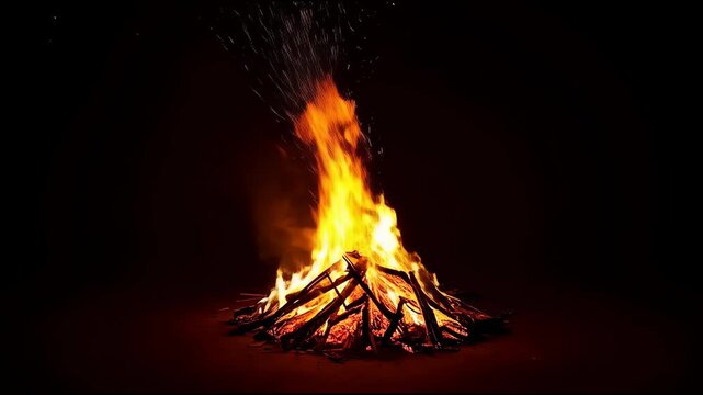 Glowing campfire with dancing orange flame, ember glow and charred wood creating warm cozy fire