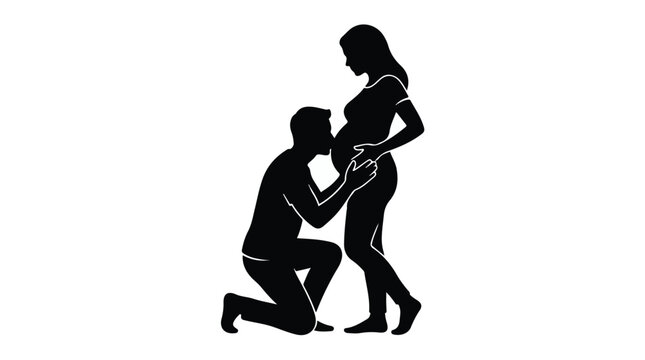 Silhouette of romantic man proposing to pregnant woman on one knee in love and relationship moment