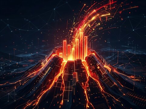 Glowing digital volcano erupting with bright orange financial bar charts