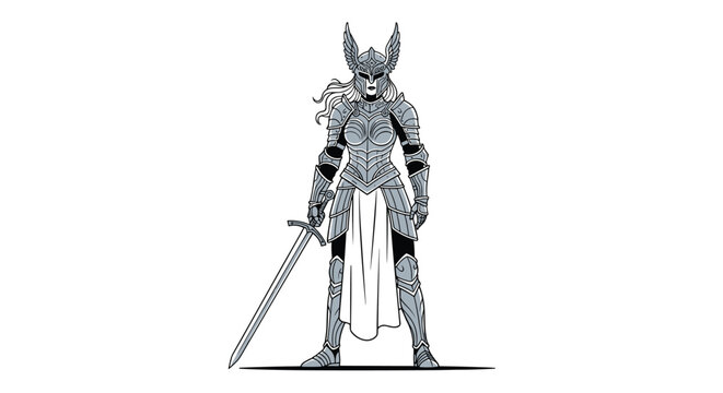 Powerful female knight or warrior in detailed silver armor and winged helmet holding a large sword in this black and white sketch.