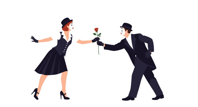 Two talented mimes in classic black suits and hats performing an artistic romantic gesture with a single red rose.