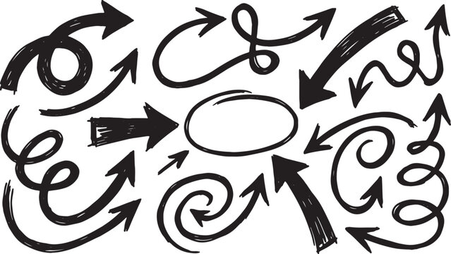 Black hand-drawn arrows and swirls on white background, lines