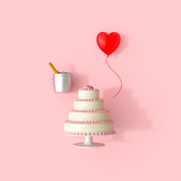 3D rendering of a wedding cake with champagne and a heart balloon