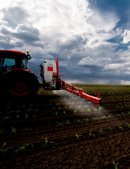 Tractor spraying young corn field with boom sprayer © Dusan Kostic