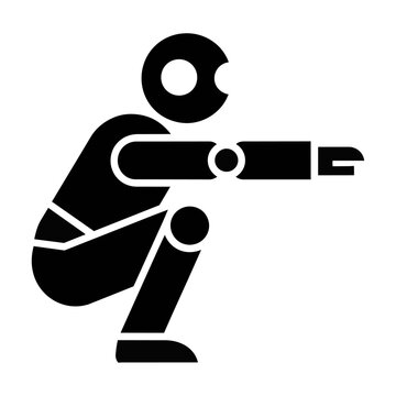 Minimalist black silhouette of a generic robot in a deep squatting pose with arms reaching forward against a white background, modern technology concept