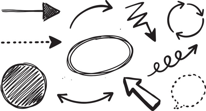Black hand-drawn arrows, circles, and zigzags on white background, spiral