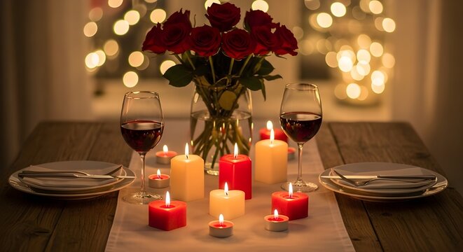 Romantic dinner table setting with red roses, glasses of red wine and burning candles on a wooden table valentines day or anniversary celebration concept