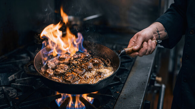 cooking meat on the pan, flambe