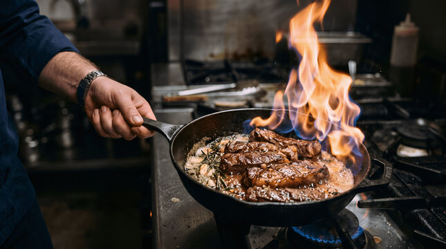 cooking meat on the pan, flambe