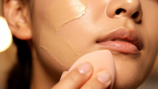 Close-up of woman applying liquid foundation with a beauty blender