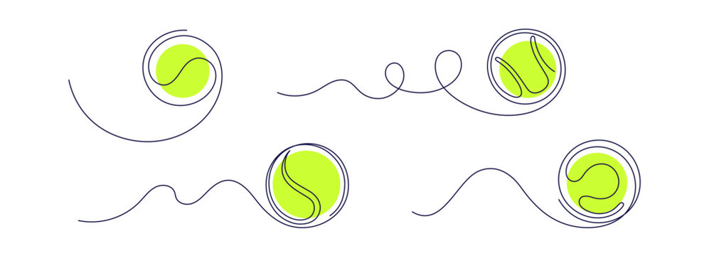 Dynamic tennis ball bouncing with continuous line art. Minimalist set drawing shows sport equipment in motion. Perfect for recreation design and tournament branding. Vector editable stroke