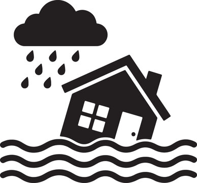Black house submerged in rising water, flood danger concept