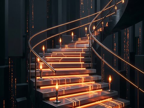 Elegant spiral staircase illuminated with bright orange glowing neon lights