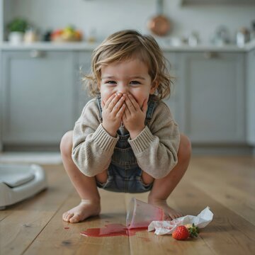 Ni&ntilde;o peque&ntilde;o sonriente cubri&eacute;ndose la boca tras derramar un zumo de fresa en el suelo de la cocina