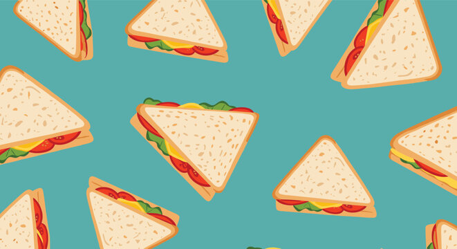 Delicious sandwich slices with fresh lettuce tomato and cheese create a seamless pattern on a turquoise background.