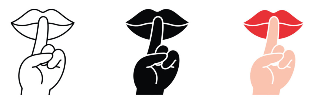 Silence Gesture Icon Set Showing Finger on Lips in Outline, Filled, and Colored Vector Illustration for Quiet Communication Symbols